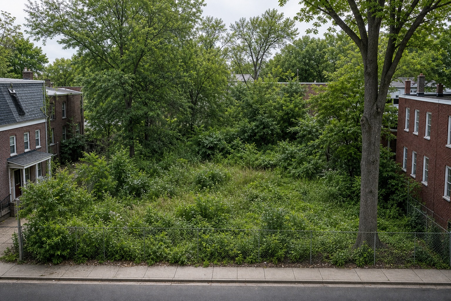 Overgrown vacant lot on a residential Washington, D.C. block