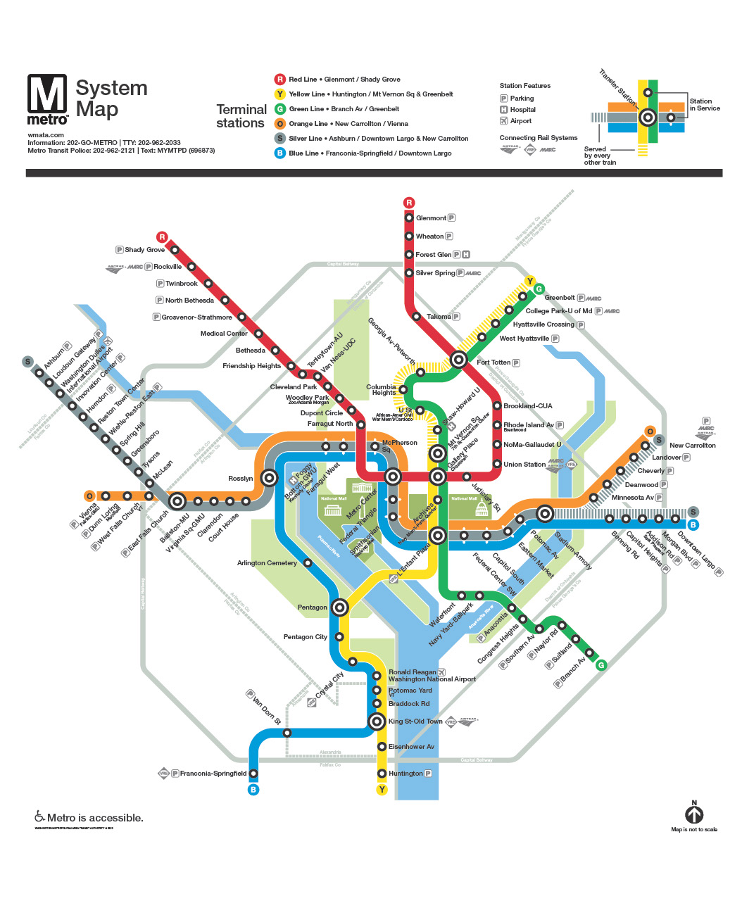 Official WMATA Metrorail system map showing all six rail lines and stations